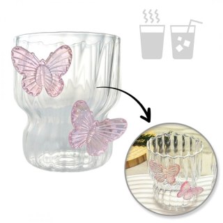 Szklanka ryflowana 260 ml z różowymi motylkami 3D | szkło borokrzemowe SZK161