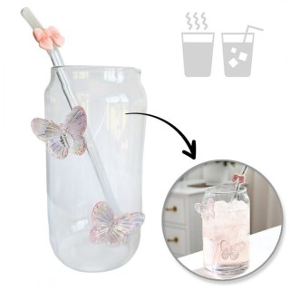 Szklanka ze słomką 500 ml – różowe motylki 3D | szkło borokrzemowe- SZK163
