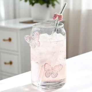Szklanka ze słomką 500 ml – różowe motylki 3D | szkło borokrzemowe- SZK163