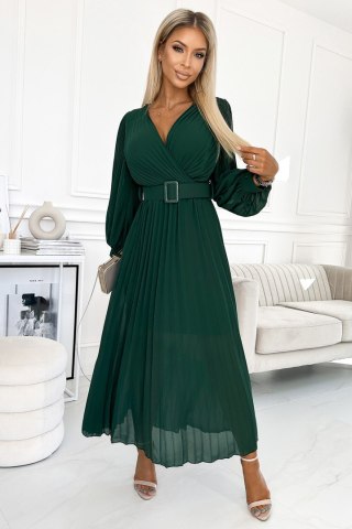 KLARA – Elegancka Zielona Sukienka Midi z Dekoltem V, Paskiem i Plisowaniem