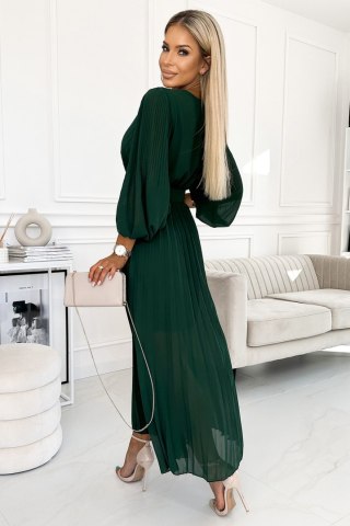 KLARA – Elegancka Zielona Sukienka Midi z Dekoltem V, Paskiem i Plisowaniem