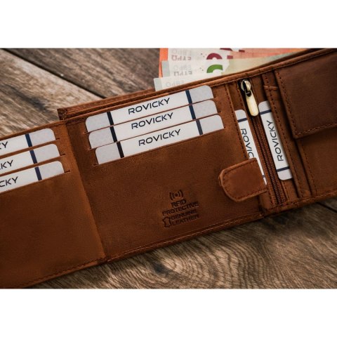 Wnętrze portfela Rovicky – przegródki na karty, dokumenty, bilon i banknoty, z RFID Wnętrze portfela Rovicky – przegródki na karty, dokumenty, bilon i banknoty, z RFID