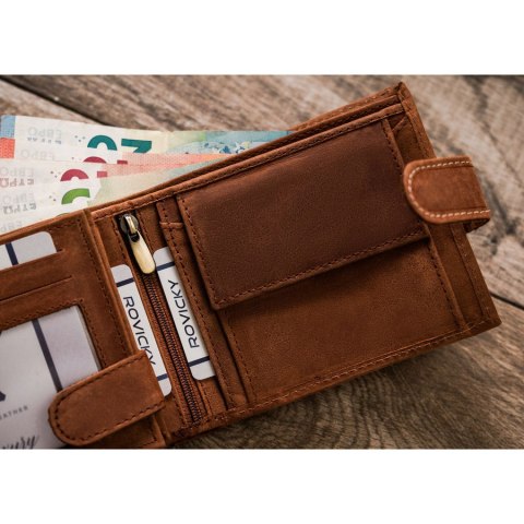 Wnętrze portfela Rovicky – przegródki na karty, dokumenty, bilon i banknoty, z RFID Wnętrze portfela Rovicky – przegródki na karty, dokumenty, bilon i banknoty, z RFID