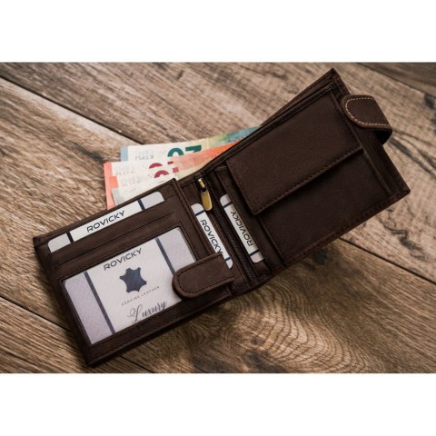 Wnętrze portfela Rovicky – przegrody na dokumenty, karty, bilon i banknoty, RFID