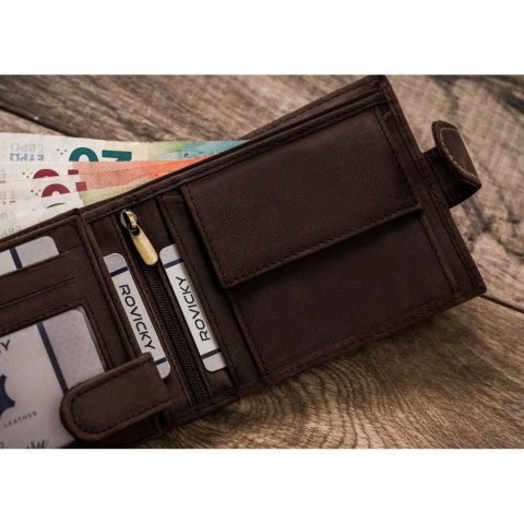 Wnętrze portfela Rovicky – przegrody na dokumenty, karty, bilon i banknoty, RFID