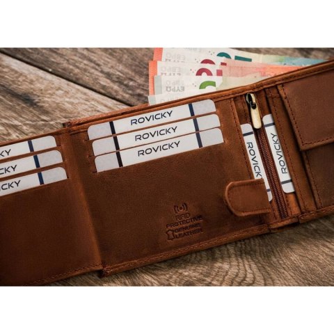 Wnętrze skórzanego portfela Rovicky – wiele przegródek na karty, dokumenty, banknoty i bilon