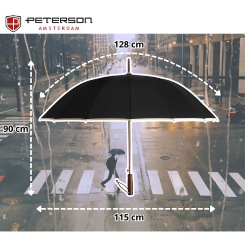 Czarny parasol Peterson z dużą czaszą i stylową drewnianą rączką – Stylowy Wieszak