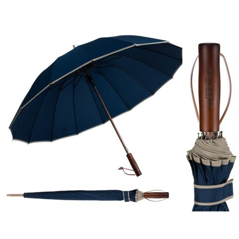 Granatowy parasol Peterson z dużą czaszą, drewnianą rączką i eleganckim opakowaniem – Stylowy Wieszak