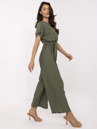 Khaki Damski Kombinezon z Kopertowym Dekoltem i Wiązanym Paskiem – ITALY MODA UNI