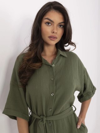 Khaki Krótki Muślinowy Kombinezon z Kołnierzykiem i Paskiem | Stylowy Wieszak