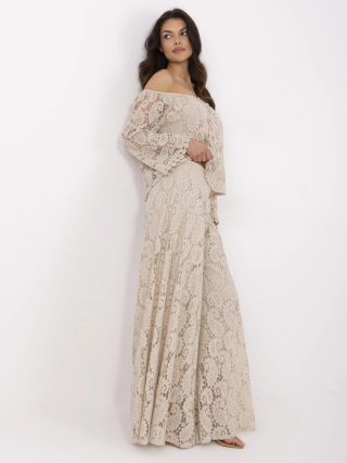 Koronkowy Zestaw Boho Elegancji – Bluzka Hiszpanka & Szerokie Spodnie - Beżowy