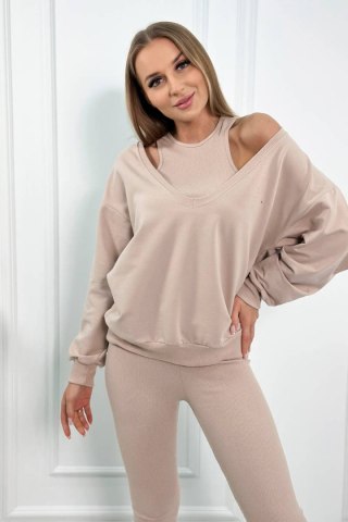 Komplet 3-częściowy bluza + top + legginsy beżowy