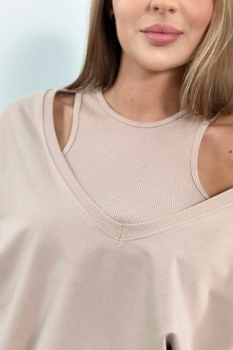 Komplet 3-częściowy bluza + top + legginsy beżowy