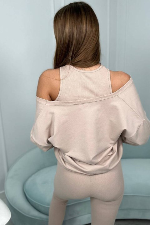 Komplet 3-częściowy bluza + top + legginsy beżowy