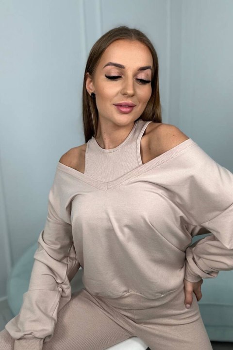 Komplet 3-częściowy bluza + top + legginsy beżowy