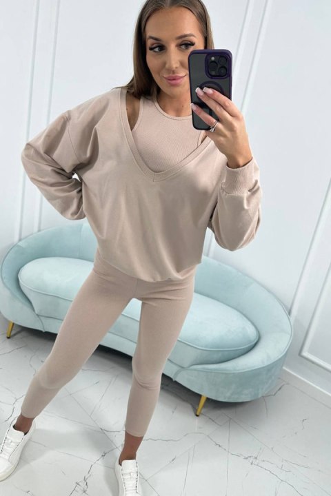 Komplet 3-częściowy bluza + top + legginsy beżowy