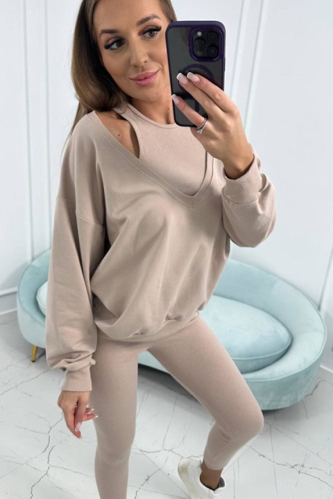 Komplet 3-częściowy bluza + top + legginsy beżowy