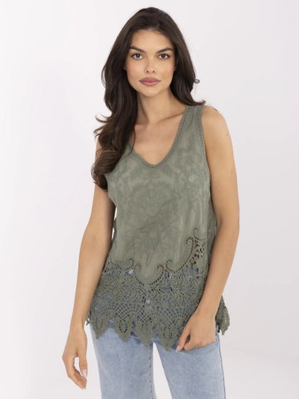 Khaki Ażurowa Bluzka Boho z Haftem Bez Rękawów – 100% Bawełna – Stylowy Wieszak