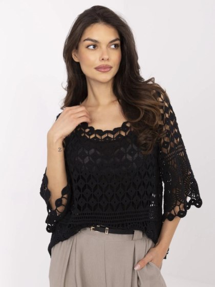 Czarna Ażurowa Bluzka Boho 2w1 z Topem i Rękawem 3/4 – 100% Bawełna – Stylowy Wieszak