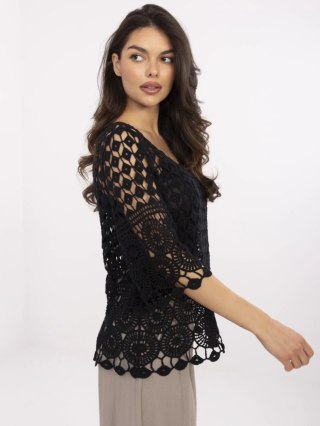 Czarna Ażurowa Bluzka Boho 2w1 z Topem i Rękawem 3/4 – 100% Bawełna – Stylowy Wieszak