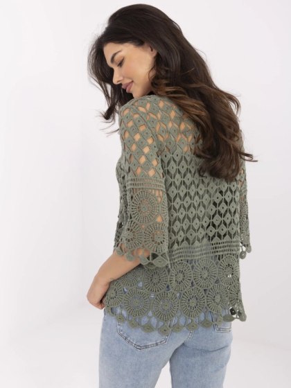 Khaki Ażurowa Bluzka Boho 2w1 z Topem i Rękawem 3/4 – 100% Bawełna – Stylowy Wieszak