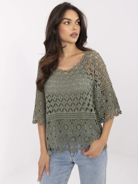 Khaki ażurowa bluzka boho z rękawem 3/4 i topem – Stylowy Wieszak Khaki ażurowa bluzka boho z rękawem 3/4 i topem – Stylowy Wieszak