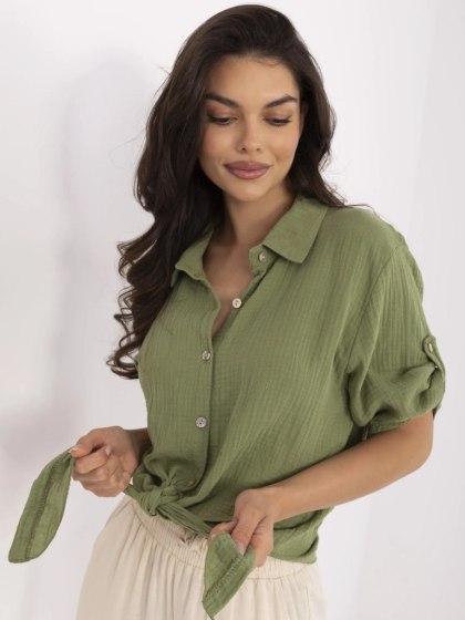 Khaki Muślinowa Koszula z Wiązaniem i Rękawem 3/4 – 100% Bawełna – Stylowy Wieszak