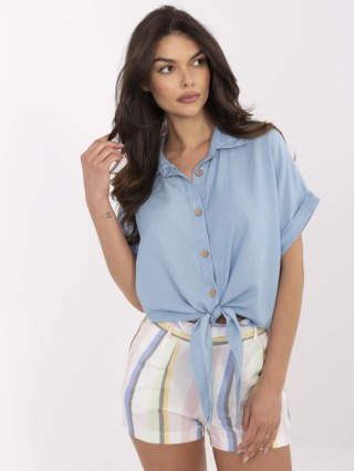 Niebieska krótka koszula z tencelu z wiązaniem – Italy Moda