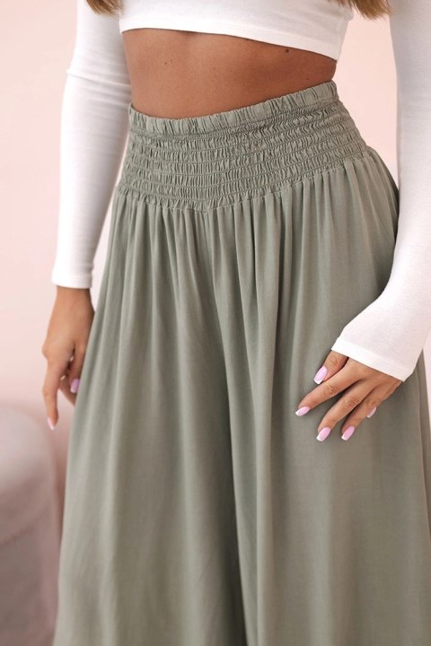 Spodnie damskie z naturalnego materiału w odcieniu khaki – palazzo Spodnie damskie z naturalnego materiału w odcieniu khaki – palazzo