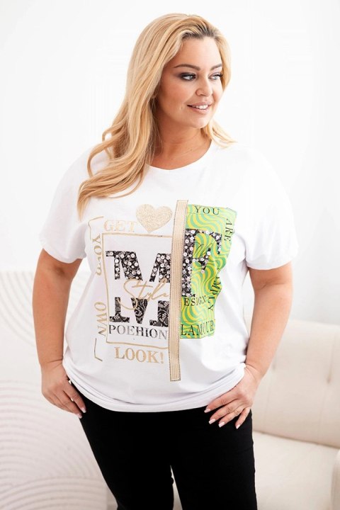 Bluzka damska bawełniana Plus Size z nadrukiem i cekinami biały + zielony Bluzka damska bawełniana Plus Size z nadrukiem i cekinami biały + zielony