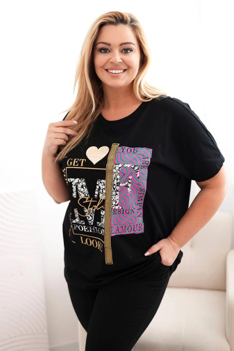 Bluzka damska bawełniana Plus Size z nadrukiem i cekinami czarny + różowy Bluzka damska bawełniana Plus Size z nadrukiem i cekinami czarny + różowy
