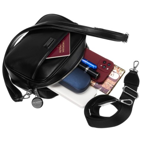 Czarna, klasyczna listonoszka damska crossbody z eko skóry dwa paski w komplecie Peterson