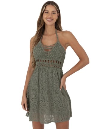Khaki koronkowa sukienka boho z wiązaniem na szyi i podszewką – Stylowy Wieszak
