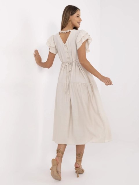 Beżowa sukienka ITALY MODA – tył z guzikami i romantycznym wykończeniem Beżowa sukienka ITALY MODA – tył z guzikami i romantycznym wykończeniem