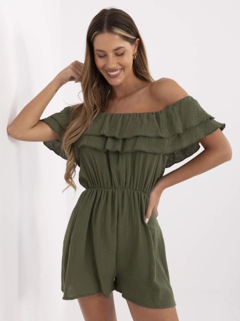 Stylowy kombinezon z bawełny muślinowej – khaki, krótki krój Stylowy kombinezon z bawełny muślinowej – khaki, krótki krój
