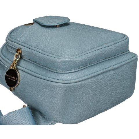 Niebieska stylowa mała saszetka damska z eko skóry zdobionej złotymi okuciami nerka crossbody Peterson