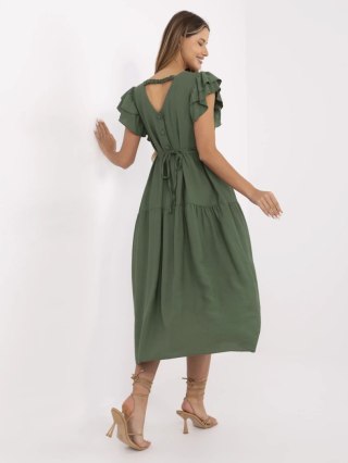 Khaki rozkloszowana sukienka midi z falbankami i guzikami – ITALY MODA