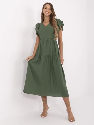 Khaki rozkloszowana sukienka midi z falbankami i guzikami – ITALY MODA
