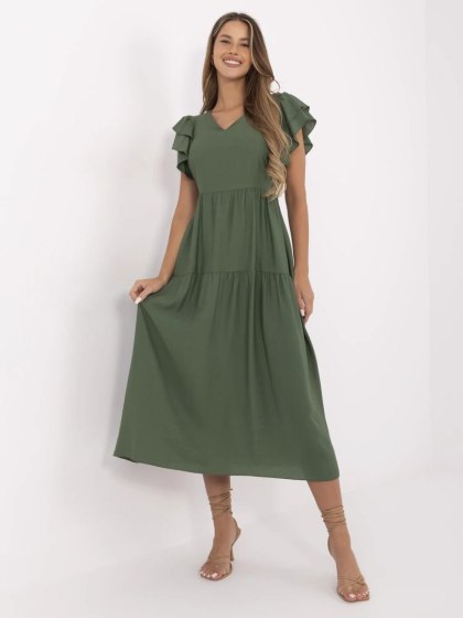 Khaki rozkloszowana sukienka midi z falbankami i guzikami – ITALY MODA