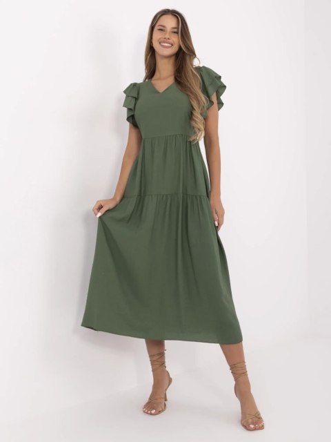 Sukienka ITALY MODA – dekolt w serek, rozkloszowany fason, falbanki Sukienka ITALY MODA – dekolt w serek, rozkloszowany fason, falbanki