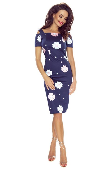 440-3 Elegancka sukienka z krótkim rękawkiem - GRANATOWA W KWIATY - XS 440-3 Elegancka sukienka z krótkim rękawkiem - GRANATOWA W KWIATY - XS