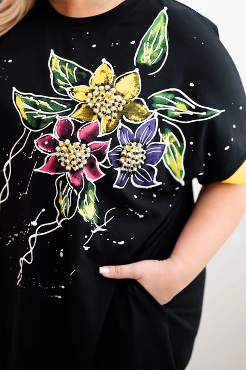 Bluzka damska Plus Size z kwiatowym wzorem i ozdobnymi perełkami żółta Bluzka damska Plus Size z kwiatowym wzorem i ozdobnymi perełkami żółta