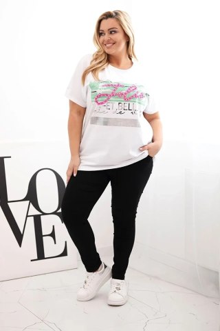 Bluzka damska bawełniana Plus Size z cekinowym napisem biały + zielony