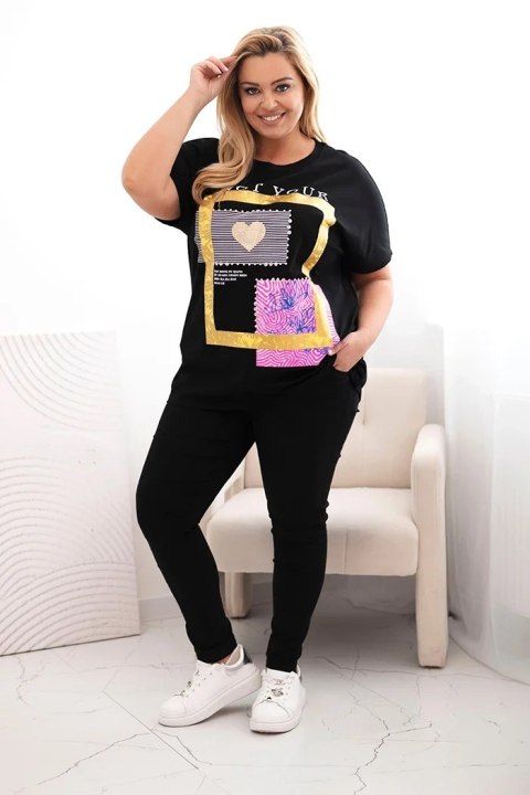 Bluzka damska bawełniana Plus Size ze złotym napisem czarny + żółty Bluzka damska bawełniana Plus Size ze złotym napisem czarny + żółty