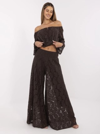 Ciemnobrązowe spodnie koronkowe boho z podszewką ITALY MODA – szerokie nogawki, ażurowy wzór, one size