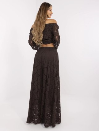 Ciemnobrązowe spodnie koronkowe boho z podszewką ITALY MODA – szerokie nogawki, ażurowy wzór, one size