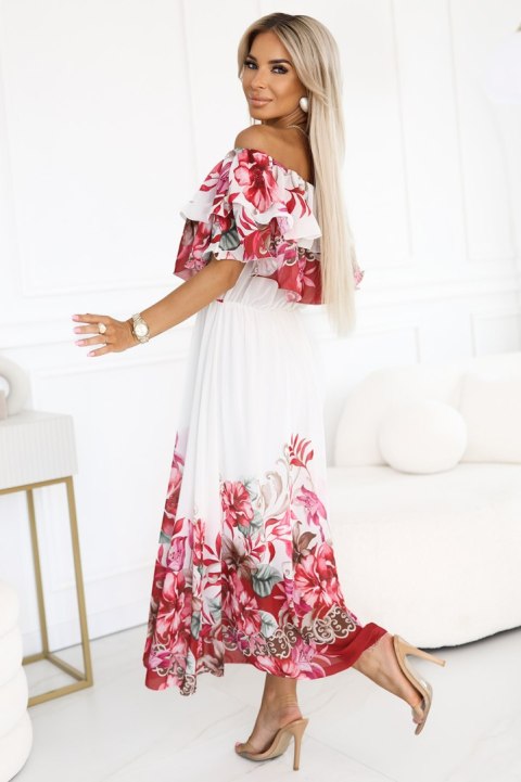 Styl hiszpański – sukienka maxi w kwiaty z gumką w pasie