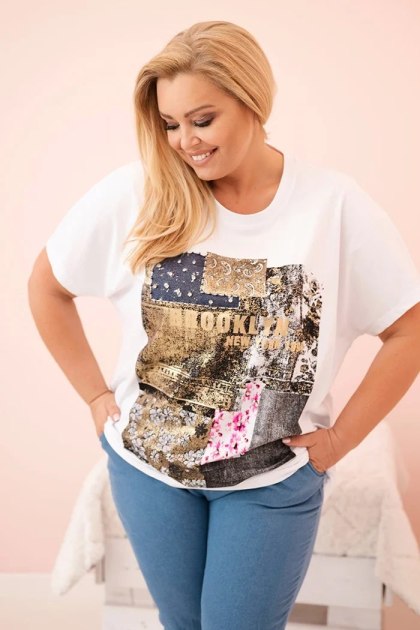 Bluzka Damska Plus Size Biała z Granatowym Nadrukiem Brooklyn | Stylowy Wieszak