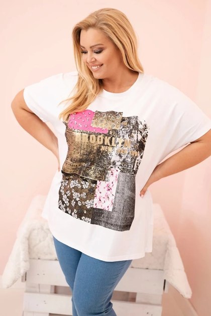 Bluzka Damska Plus Size Biała z Różowym Nadrukiem Brooklyn | Stylowy Wieszak