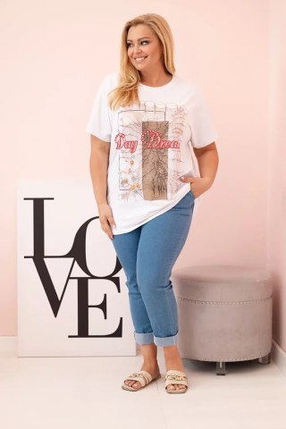 Bluzka damska Plus Size Day Dream biało-camelowa – bawełna, oversize, krótki rękaw